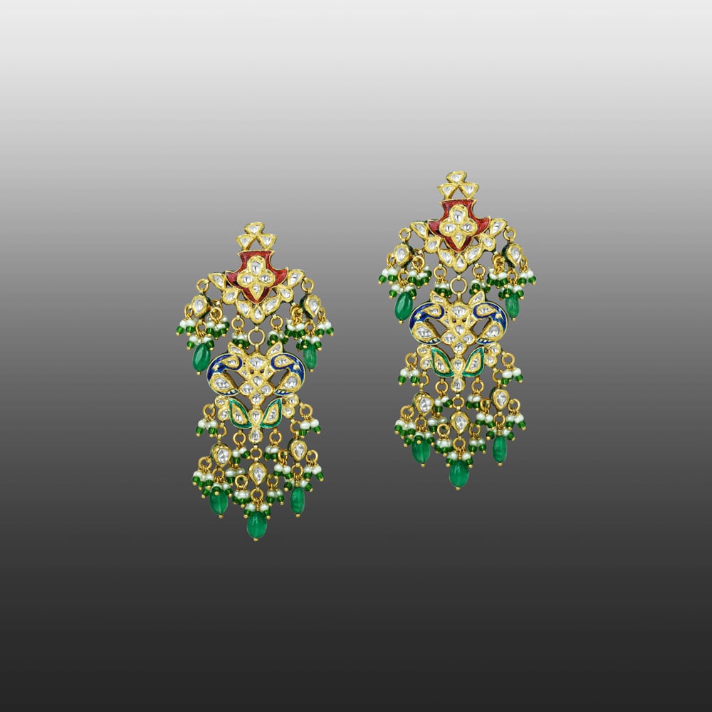 Polki Floral Earrings with Emerald Drops and Enamel
